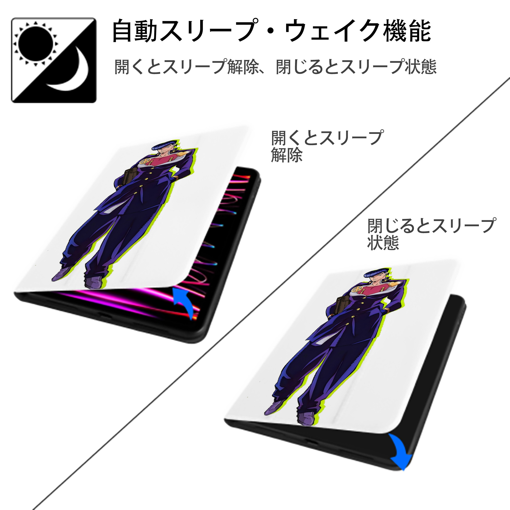 ジョジョの奇妙な冒険 ひがしかた じょうすけ JoJo's Bizarre Adventure Higashikata Josuke IPad ケース ペン収納付き 三つ折りスタンド PUレザー×シリコン 対応機種9.5/10.5/10.9インチ