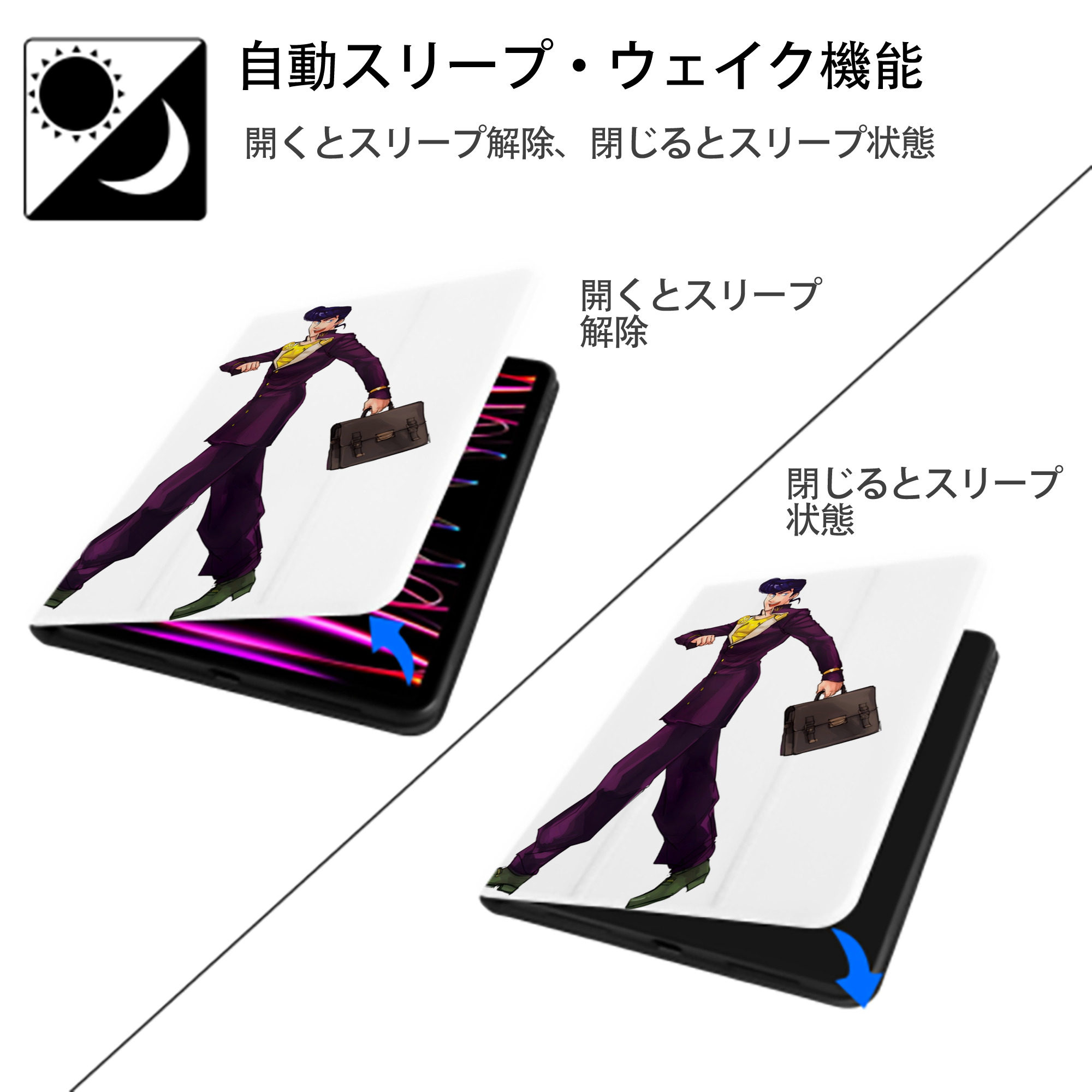 ジョジョの奇妙な冒険 ひがしかた じょうすけ JoJo's Bizarre Adventure Higashikata Josuke IPad ケース ペン収納付き 三つ折りスタンド PUレザー×シリコン 対応機種9.5/10.5/10.9インチ