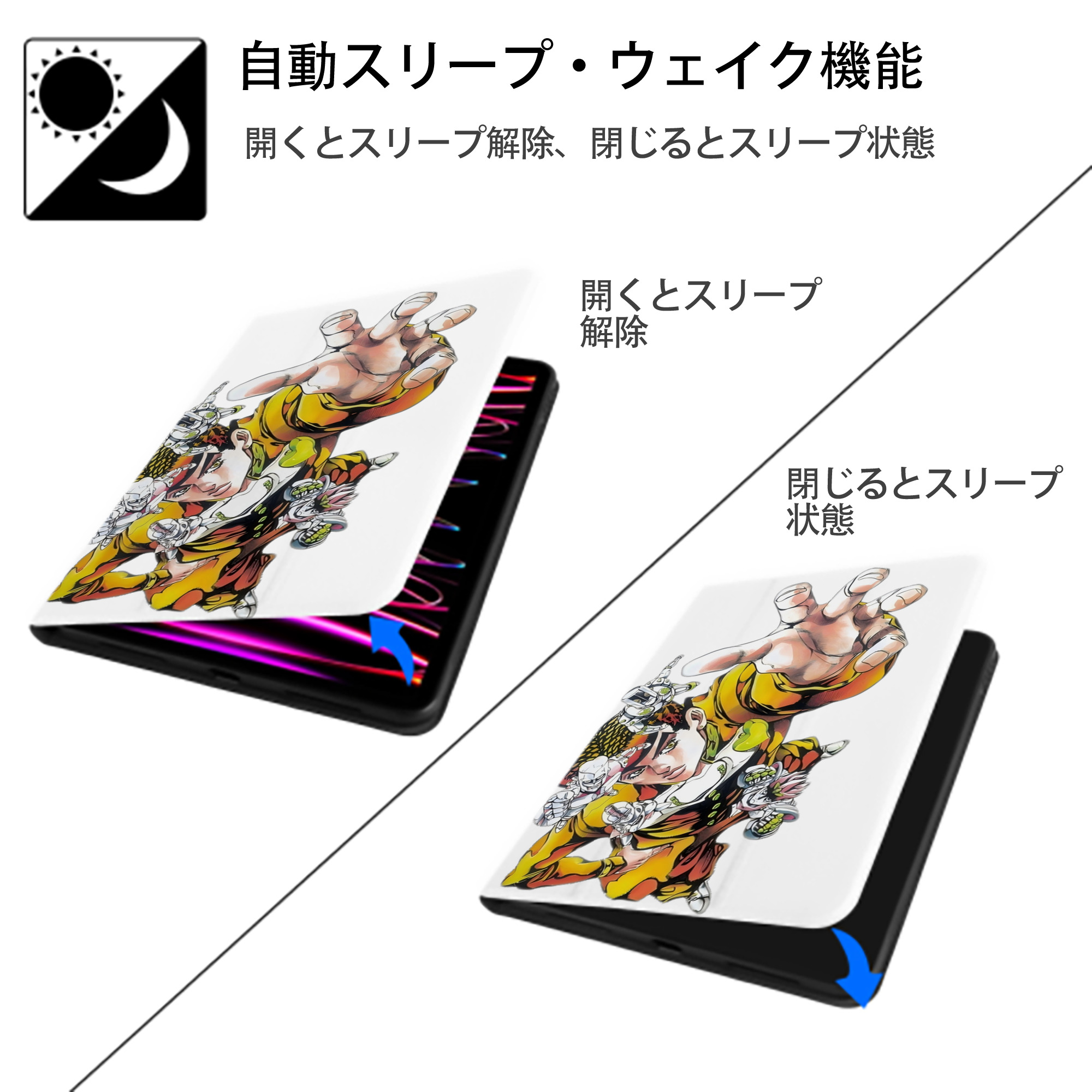 ジョジョの奇妙な冒険 ひがしかた じょうすけ JoJo's Bizarre Adventure Higashikata Josuke IPad ケース ペン収納付き 三つ折りスタンド PUレザー×シリコン 対応機種9.5/10.5/10.9インチ