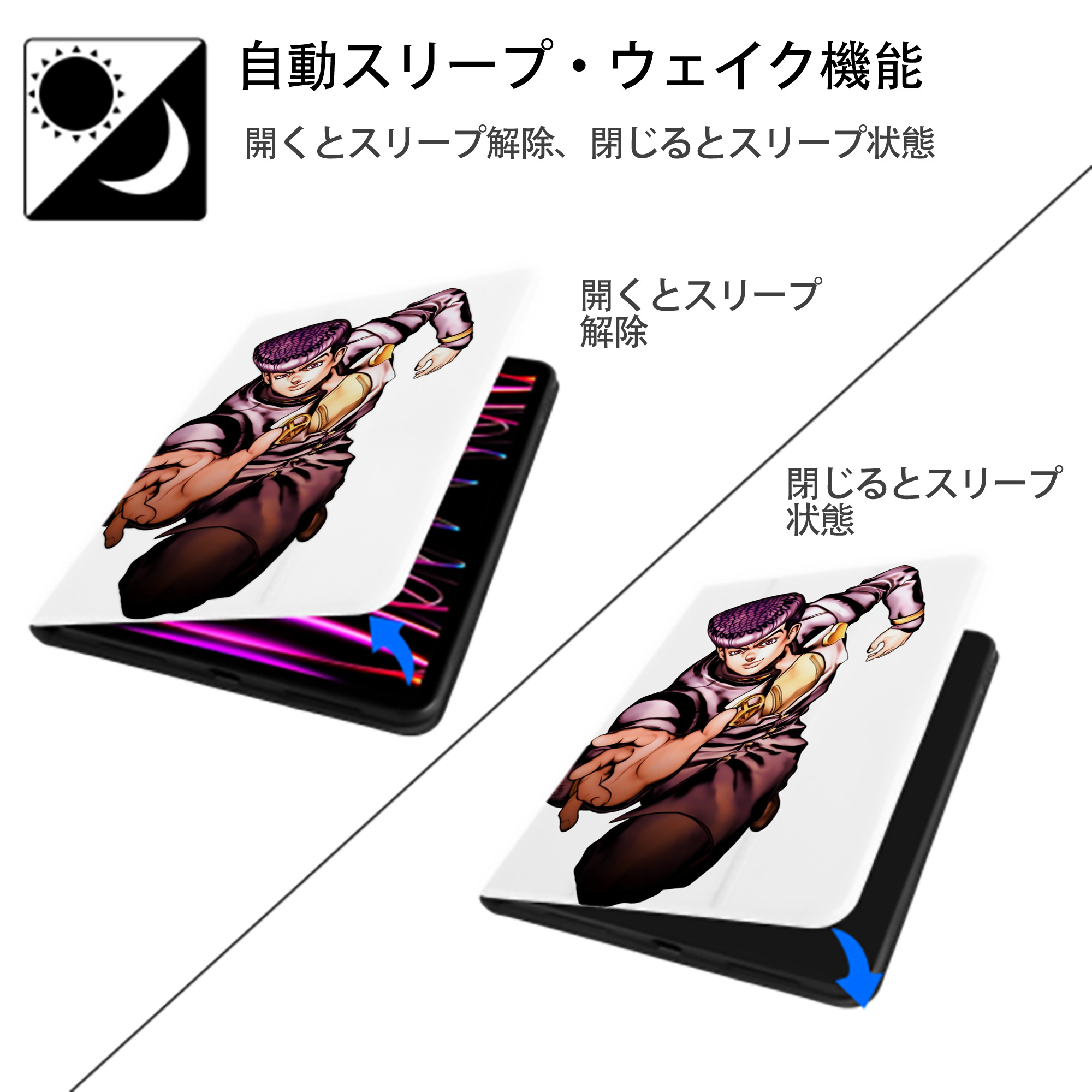 ジョジョの奇妙な冒険 ひがしかた じょうすけ JoJo's Bizarre Adventure Higashikata Josuke IPad ケース ペン収納付き 三つ折りスタンド PUレザー×シリコン 対応機種9.5/10.5/10.9インチ