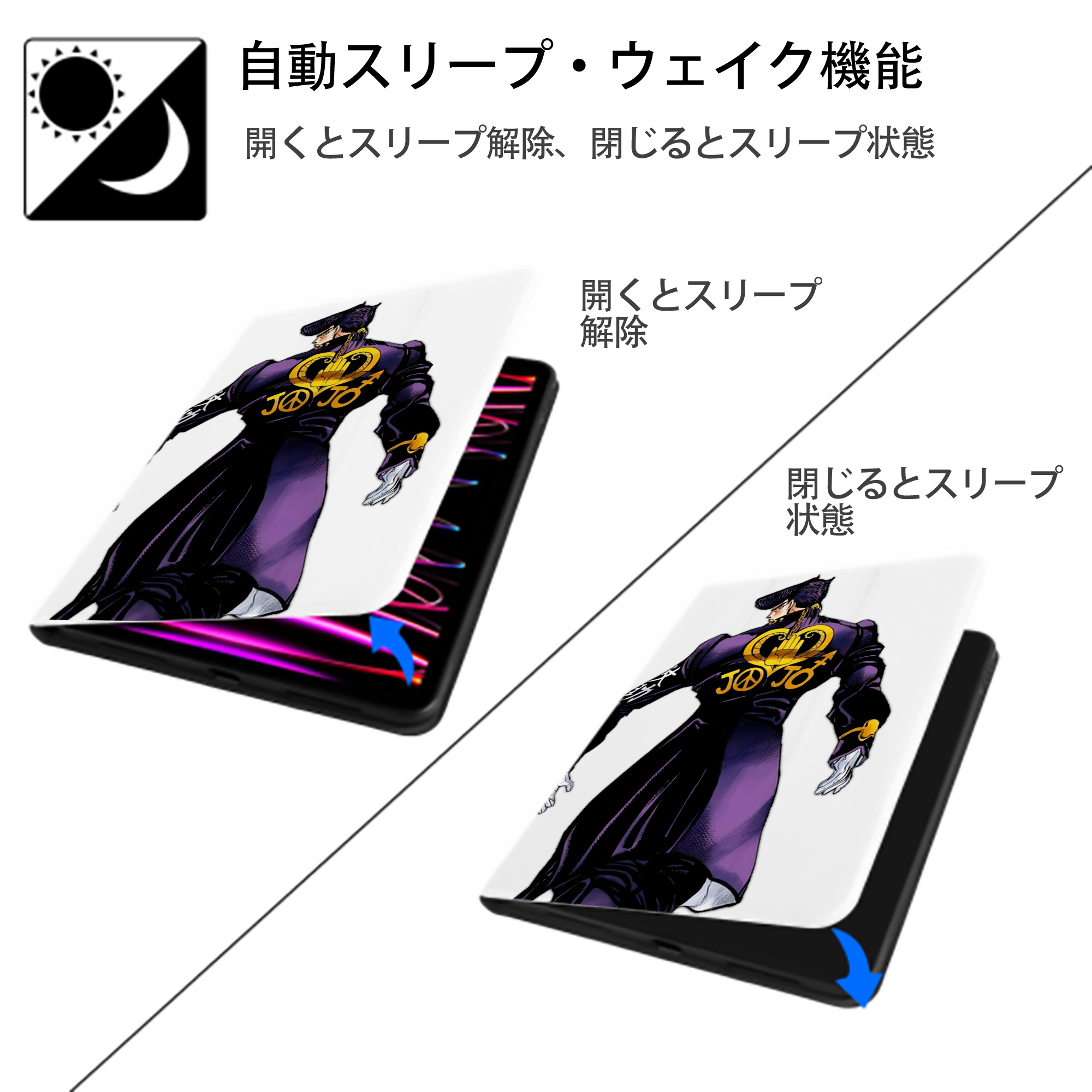 ジョジョの奇妙な冒険 ひがしかた じょうすけ JoJo's Bizarre Adventure Higashikata Josuke IPad ケース ペン収納付き 三つ折りスタンド PUレザー×シリコン 対応機種9.5/10.5/10.9インチ