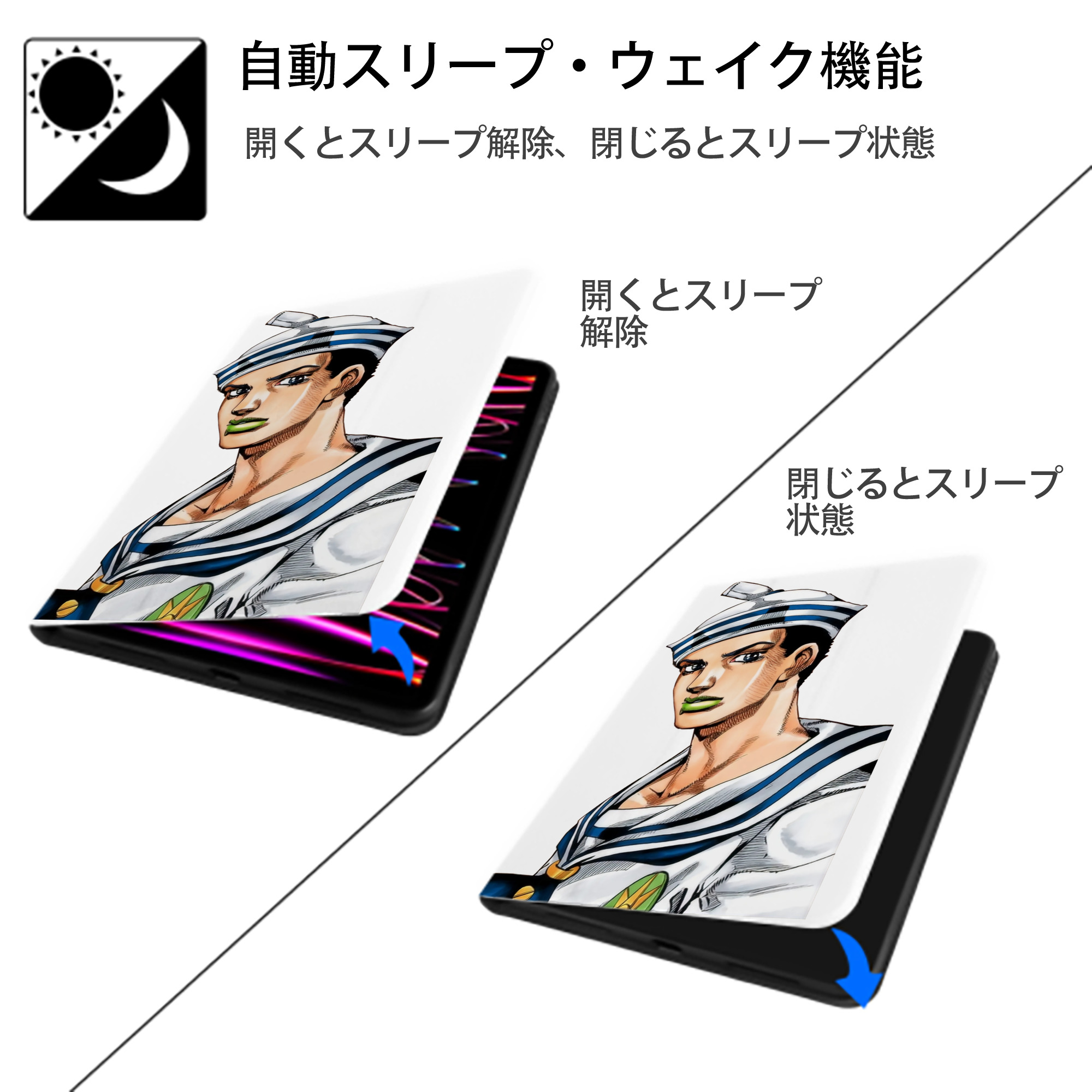 ジョジョの奇妙な冒険 東方定助 JoJo's Bizarre Adventure Higashikata Josuke IPad ケース ペン収納付き 三つ折りスタンド PUレザー×シリコン 対応機種9.5/10.5/10.9インチ