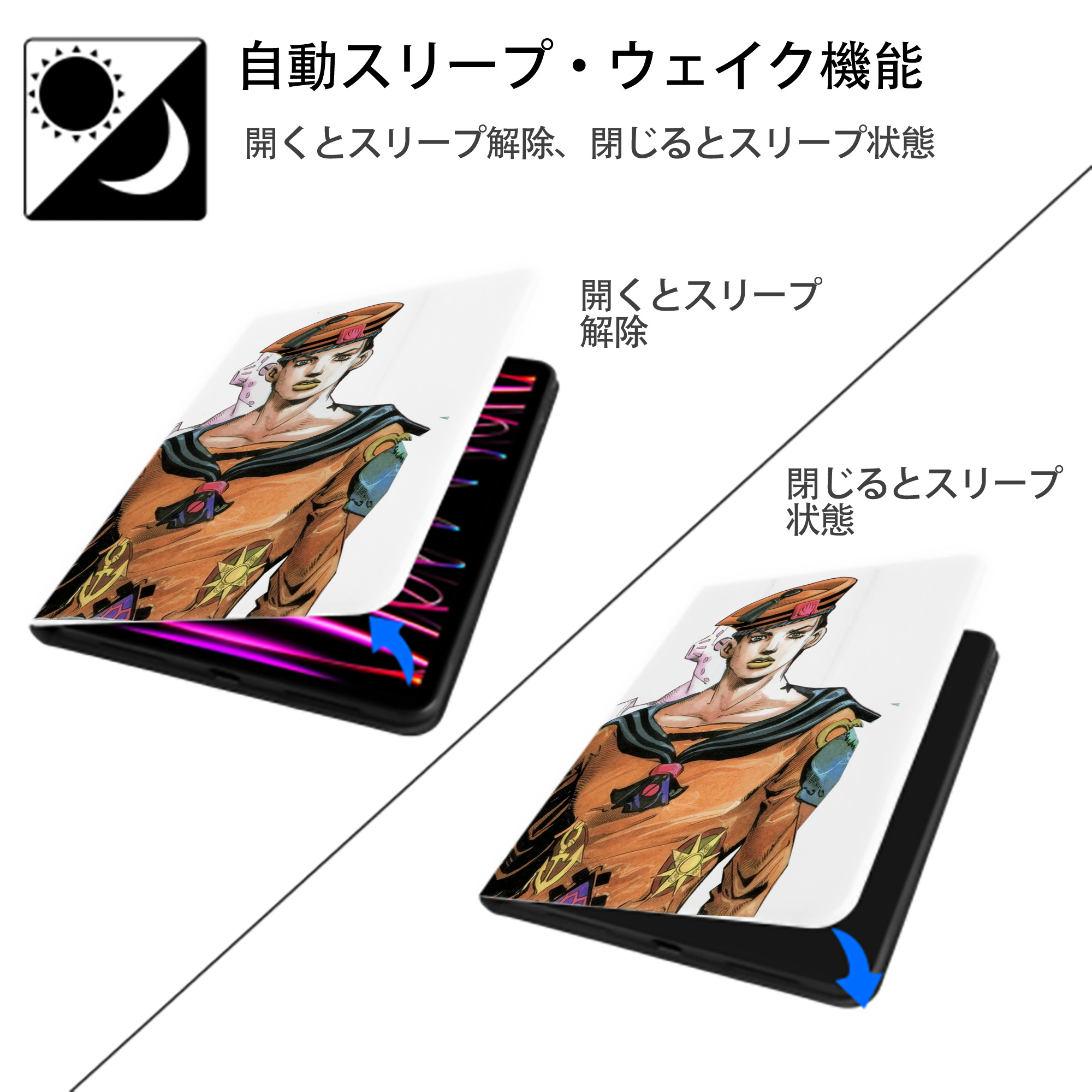 ジョジョの奇妙な冒険 東方定助 JoJo's Bizarre Adventure Higashikata Josuke IPad ケース ペン収納付き 三つ折りスタンド PUレザー×シリコン 対応機種9.5/10.5/10.9インチ