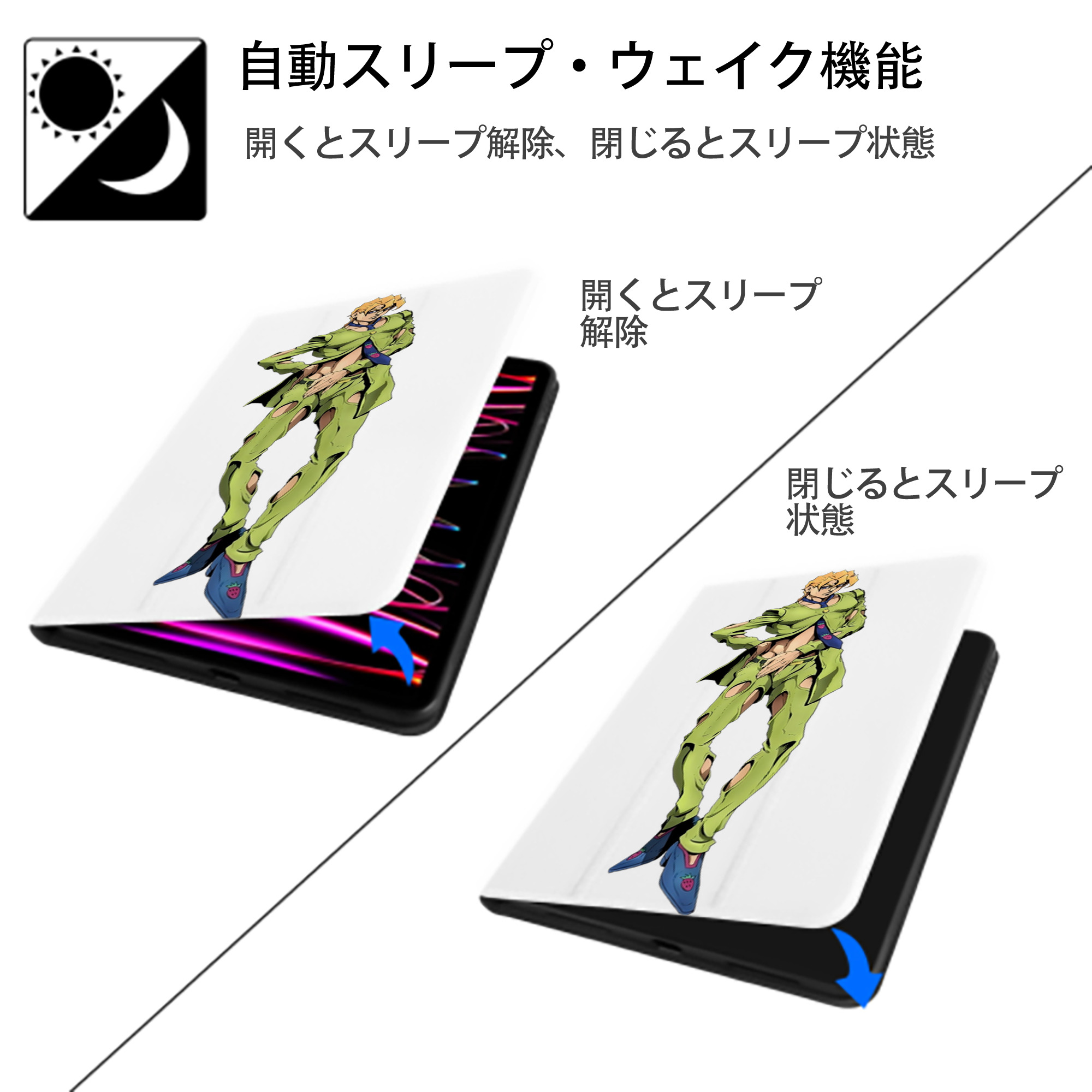 ジョジョの奇妙な冒険 パンナコッタ?フー JoJo's Bizarre Adventure Pannacotta Fugo IPad ケース ペン収納付き 三つ折りスタンド PUレザー×シリコン 対応機種9.5/10.5/10.9インチ