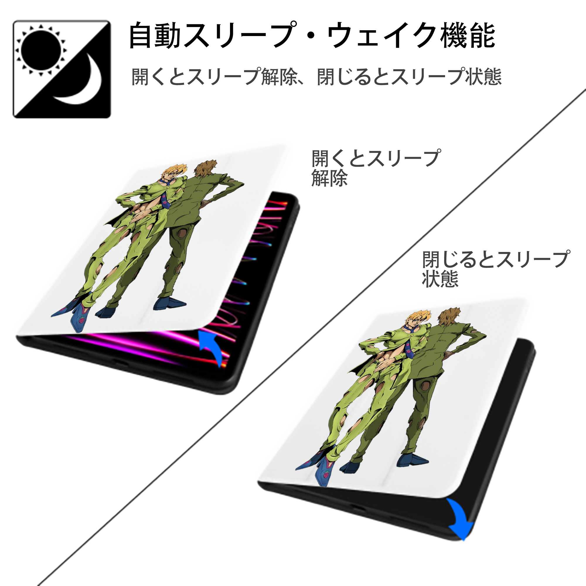 ジョジョの奇妙な冒険 パンナコッタ?フー JoJo's Bizarre Adventure Pannacotta Fugo IPad ケース ペン収納付き 三つ折りスタンド PUレザー×シリコン 対応機種9.5/10.5/10.9インチ