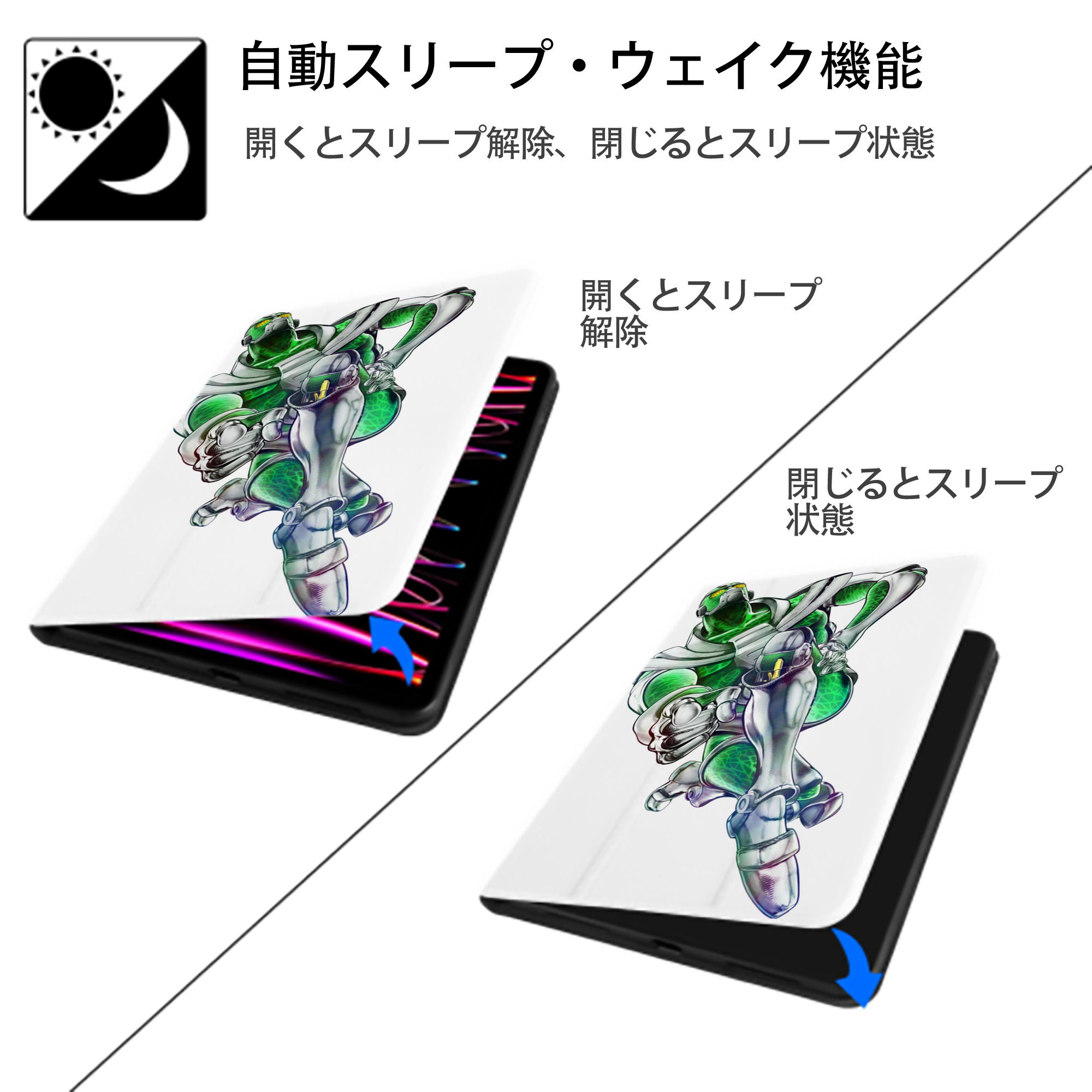 ジョジョの奇妙な冒険 花京院 典明（かきょういん のりあき） JoJo's Bizarre Adventure Kakyoin Noriaki IPad ケース ペン収納付き 三つ折りスタンド PUレザー×シリコン 対応機種9.5/10.5/10.9インチ