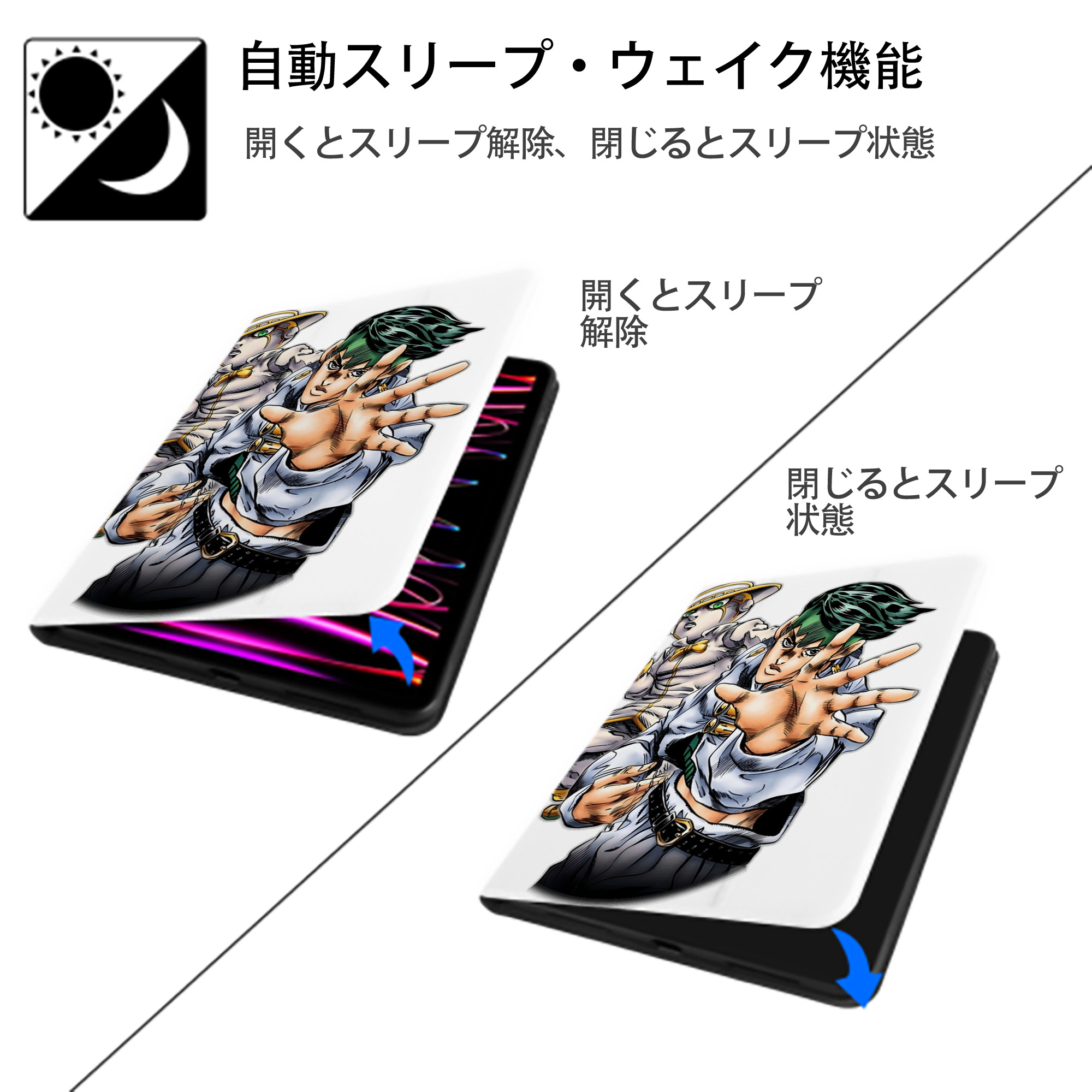 ジョジョの奇妙な冒険 岸辺 露伴（きしべ ろはん） JoJo's Bizarre Adventure Rohan Kishibe IPad ケース ペン収納付き 三つ折りスタンド PUレザー×シリコン 対応機種9.5/10.5/10.9インチ