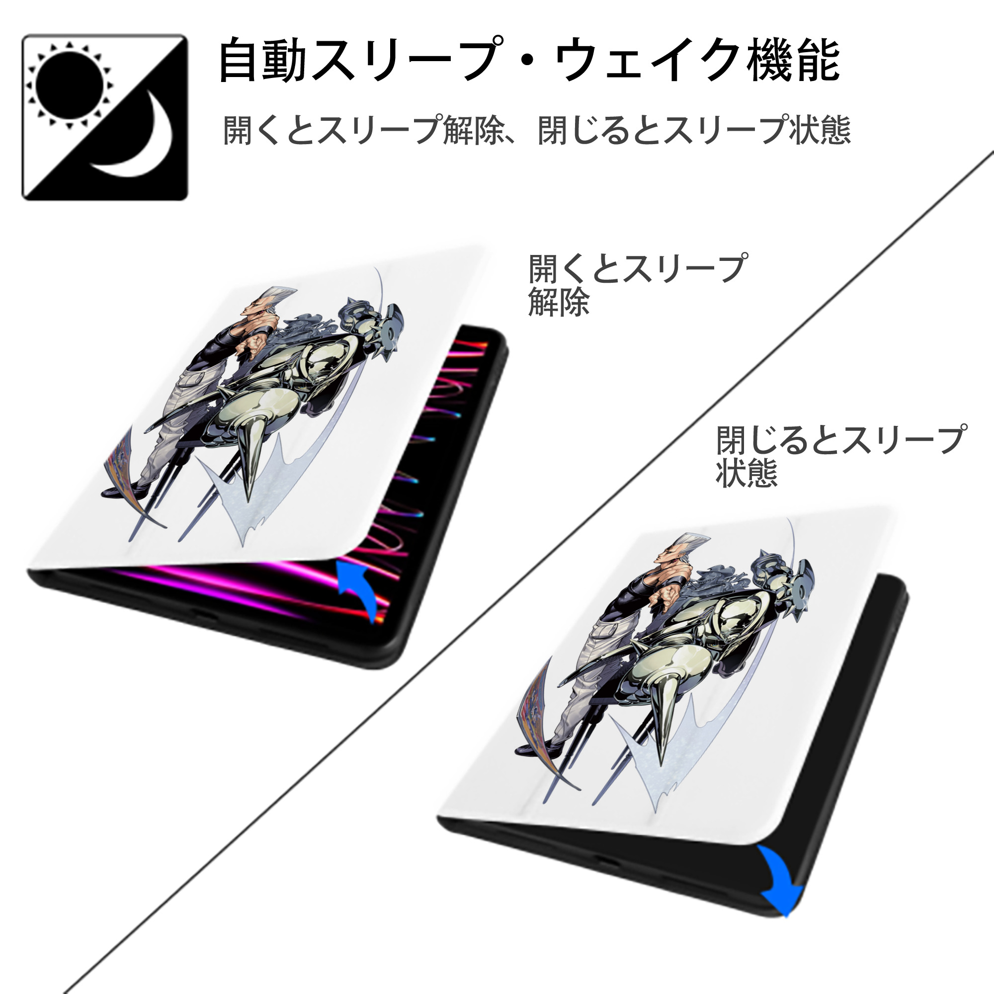 ジョジョの奇妙な冒険 ジャン＝ピエール?ポルナレフ JoJo's Bizarre Adventure Jan Pierre Polnareff IPad ケース ペン収納付き 三つ折りスタンド PUレザー×シリコン 対応機種9.5/10.5/10.9インチ