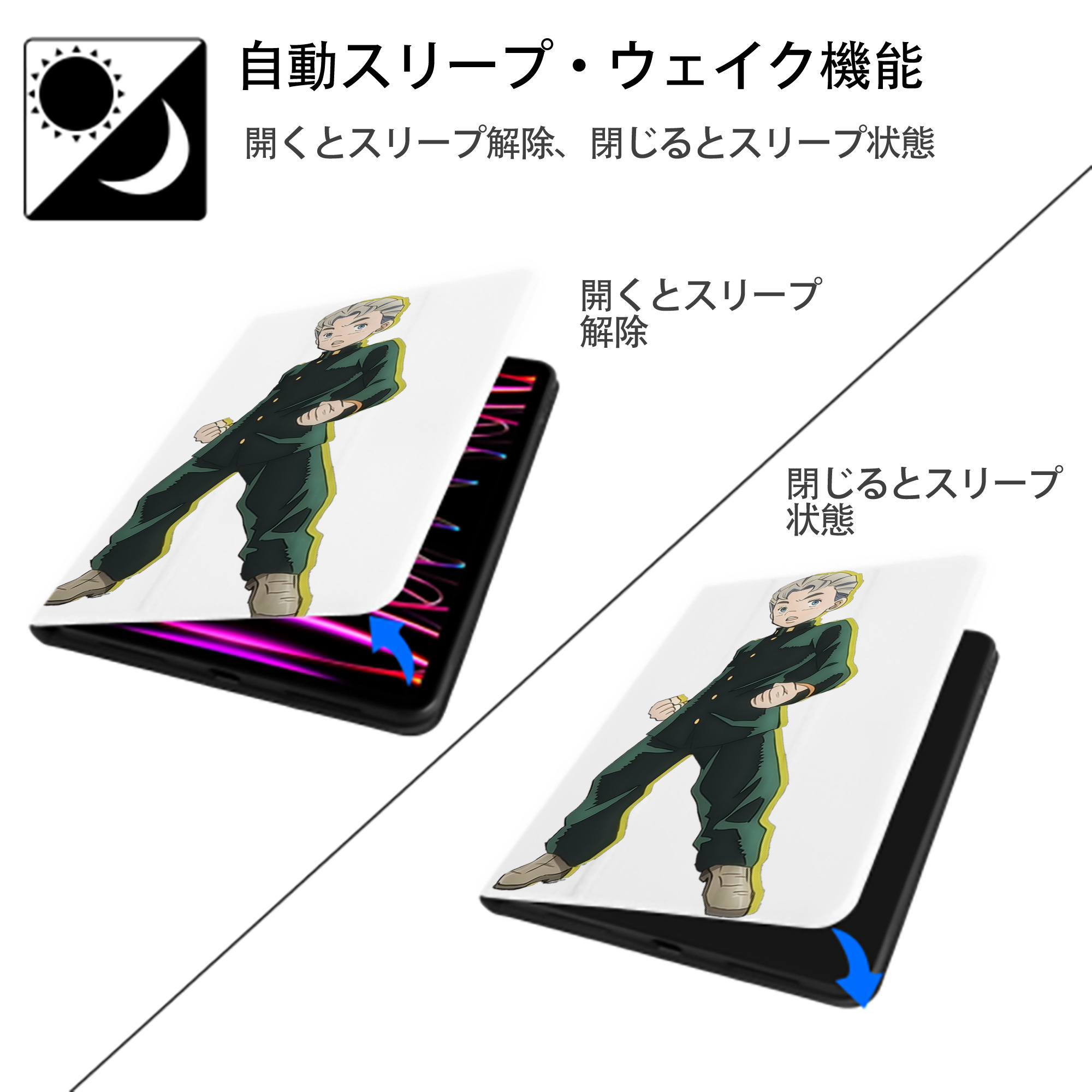 ジョジョの奇妙な冒険 広瀨康一 JoJo's Bizarre Adventure Hirose Koichi IPad ケース ペン収納付き 三つ折りスタンド PUレザー×シリコン 対応機種9.5/10.5/10.9インチ