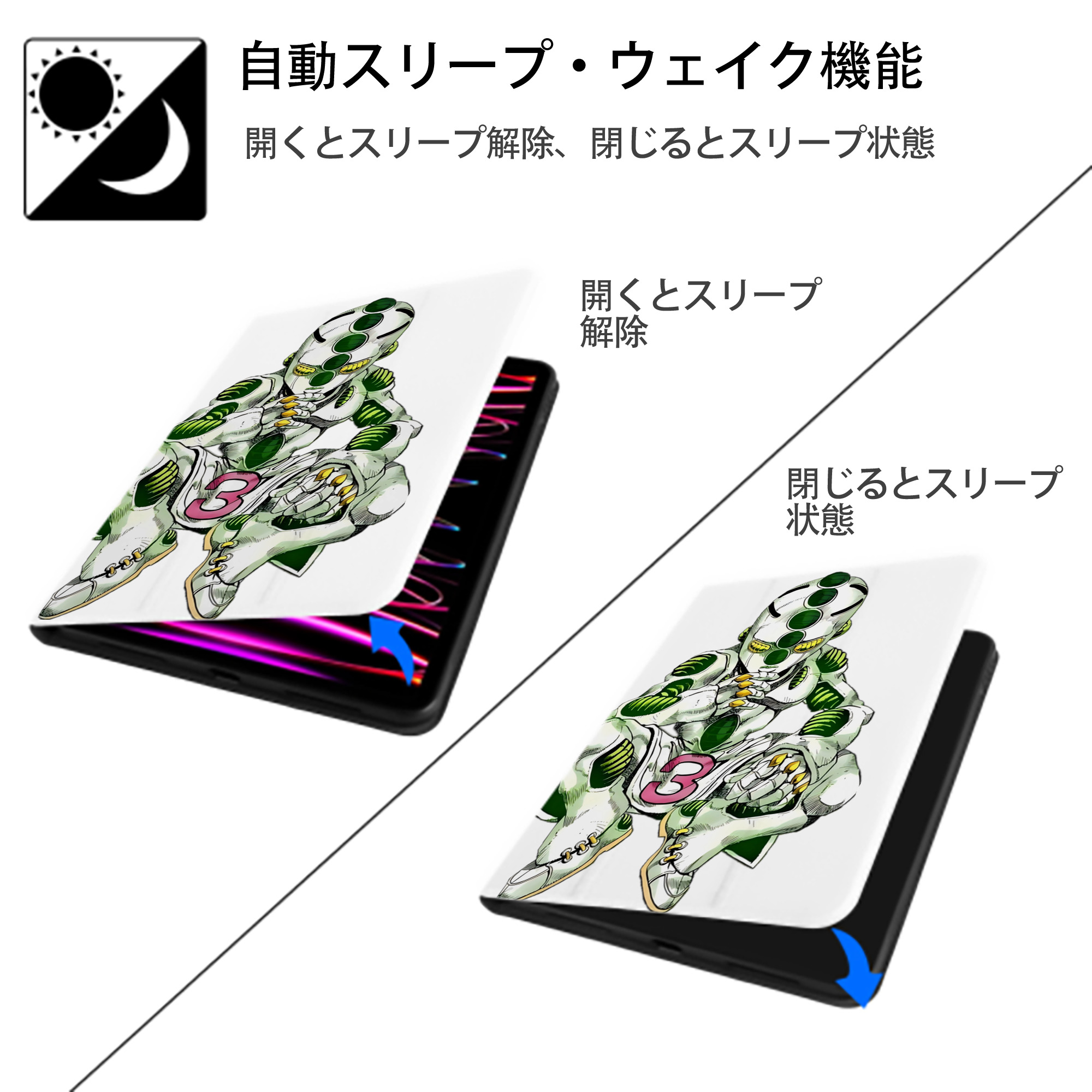 ジョジョの奇妙な冒険 広瀨康一 JoJo's Bizarre Adventure Hirose Koichi IPad ケース ペン収納付き 三つ折りスタンド PUレザー×シリコン 対応機種9.5/10.5/10.9インチ