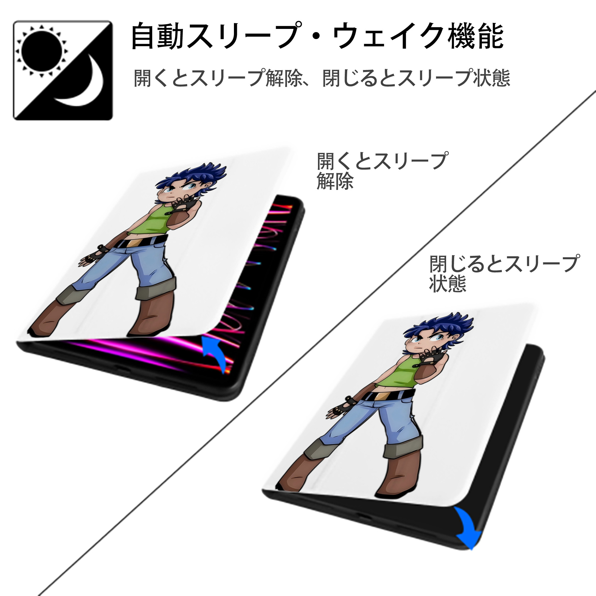 ジョジョの奇妙な冒険 広瀨康一 JoJo's Bizarre Adventure Hirose Koichi IPad ケース ペン収納付き 三つ折りスタンド PUレザー×シリコン 対応機種9.5/10.5/10.9インチ