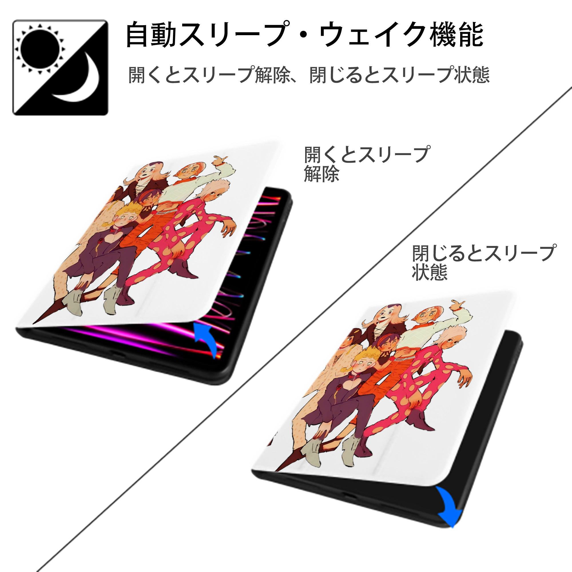 ジョジョの奇妙な冒険 JoJo's Bizarre Adventure IPad ケース ペン収納付き 三つ折りスタンド PUレザー×シリコン 対応機種9.5/10.5/10.9インチ