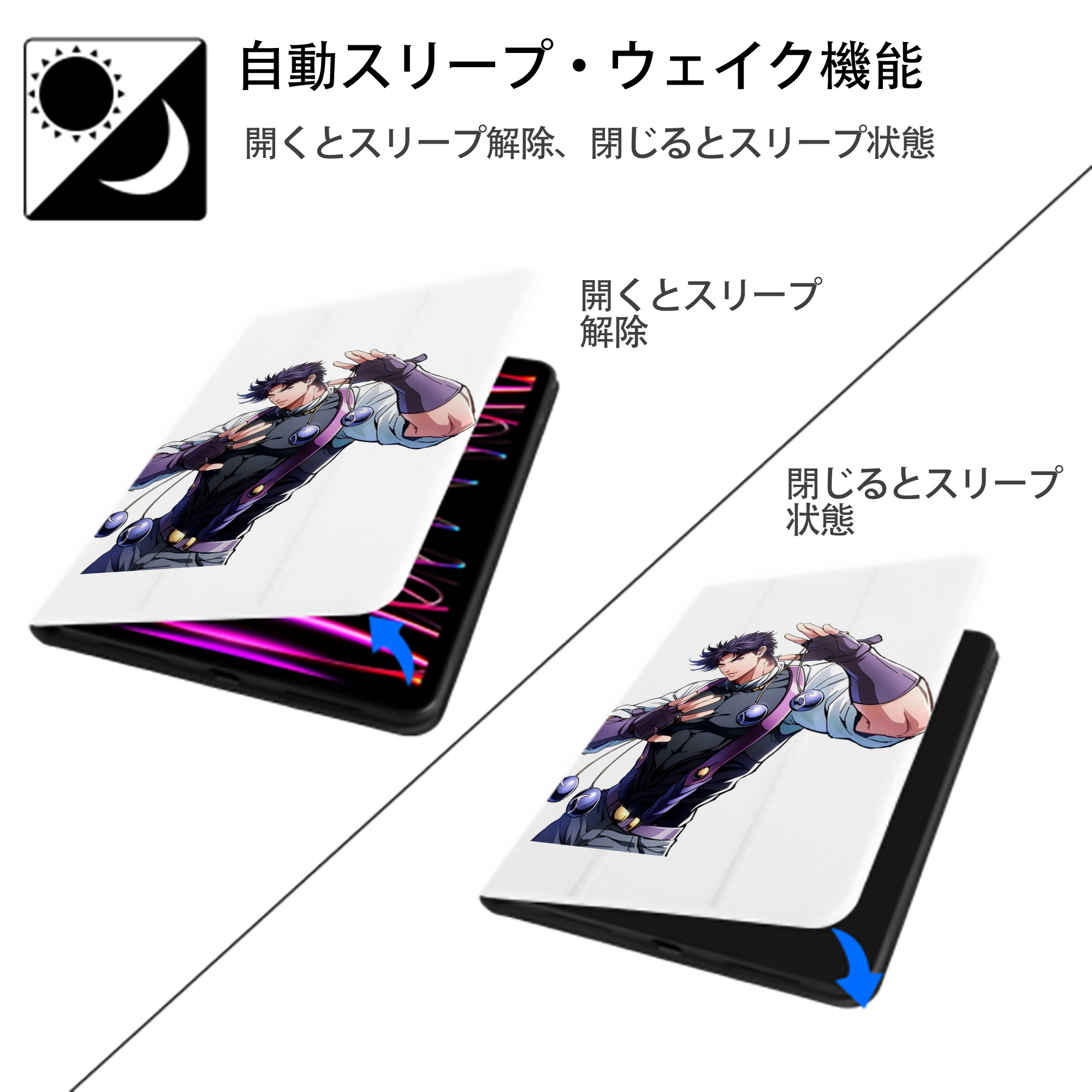 ジョジョの奇妙な冒険 JoJo's Bizarre Adventure IPad ケース ペン収納付き 三つ折りスタンド PUレザー×シリコン 対応機種9.5/10.5/10.9インチ