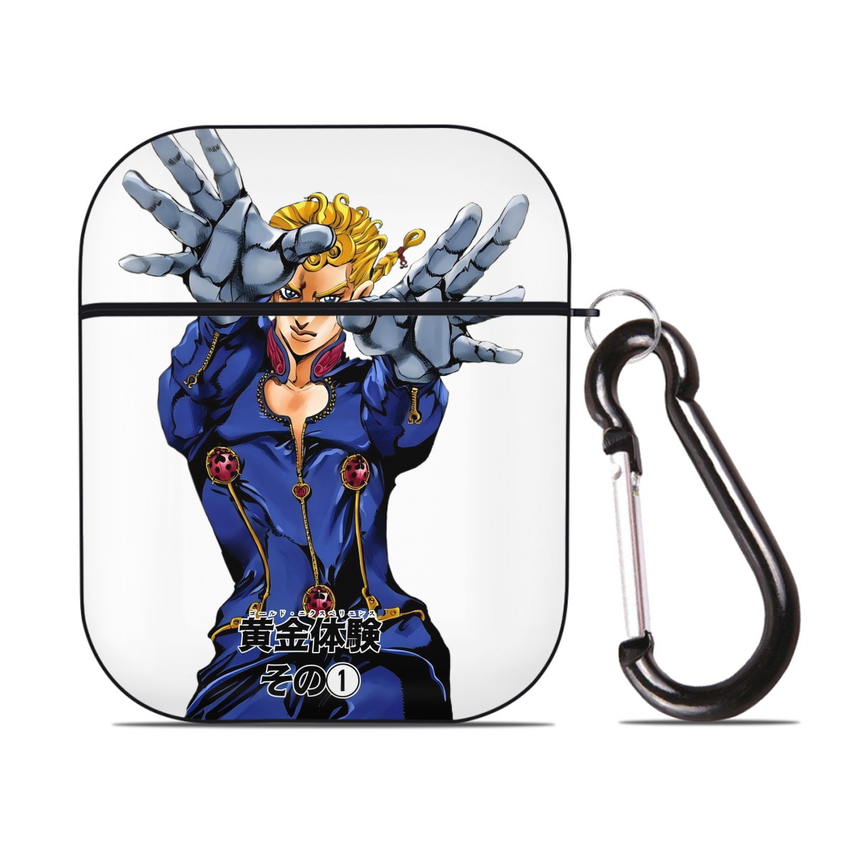 （画像用） ジョジョの奇妙な冒険 ジョルノ?ジョバァーナ JoJo's Bizarre Adventure Giorno Giovanna AirPods 第2世代保護ケース ハードシェル ブラック 耐衝撃・防指紋・カラビナ付き