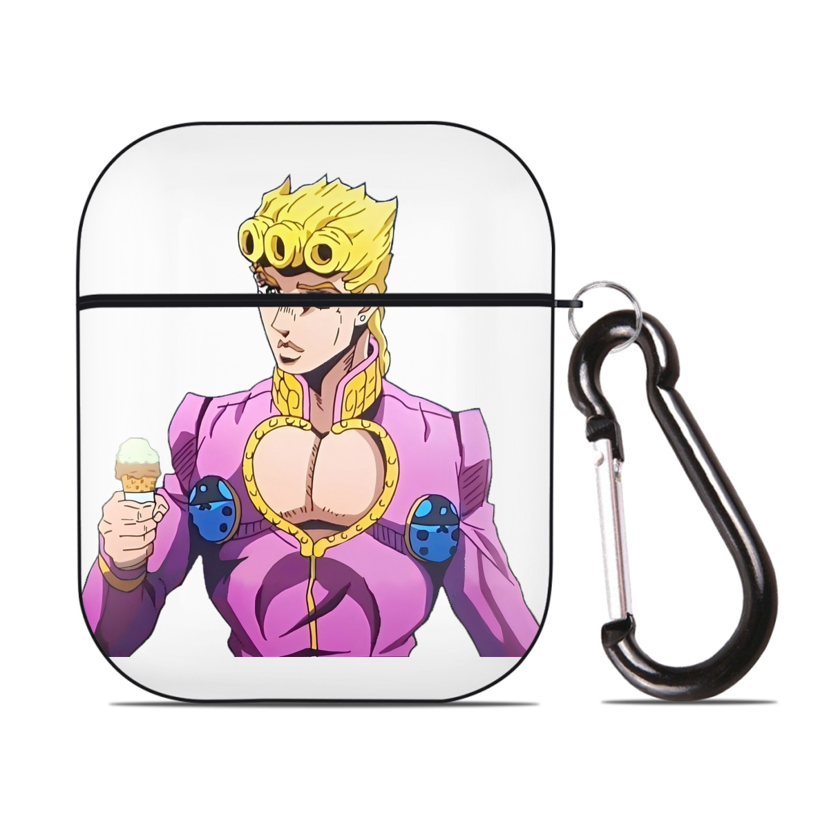 （画像用） ジョジョの奇妙な冒険 ジョルノ?ジョバァーナ JoJo's Bizarre Adventure Giorno Giovanna AirPods 第2世代保護ケース ハードシェル ブラック 耐衝撃・防指紋・カラビナ付き