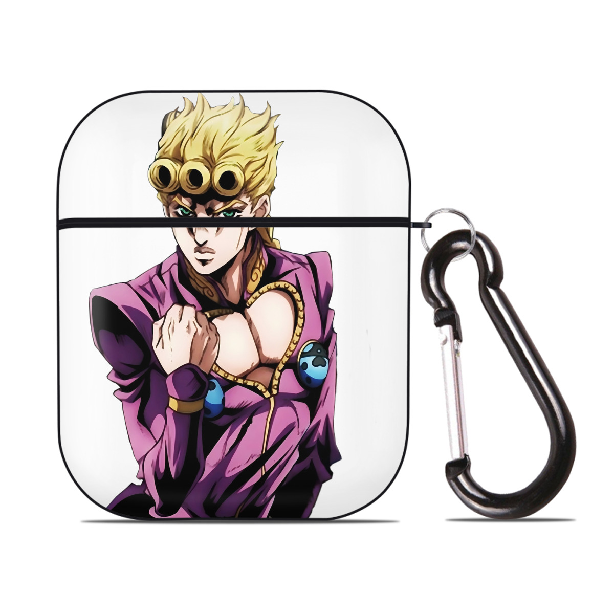 （画像用） ジョジョの奇妙な冒険 ジョルノ?ジョバァーナ JoJo's Bizarre Adventure Giorno Giovanna AirPods 第2世代保護ケース ハードシェル ブラック 耐衝撃・防指紋・カラビナ付き