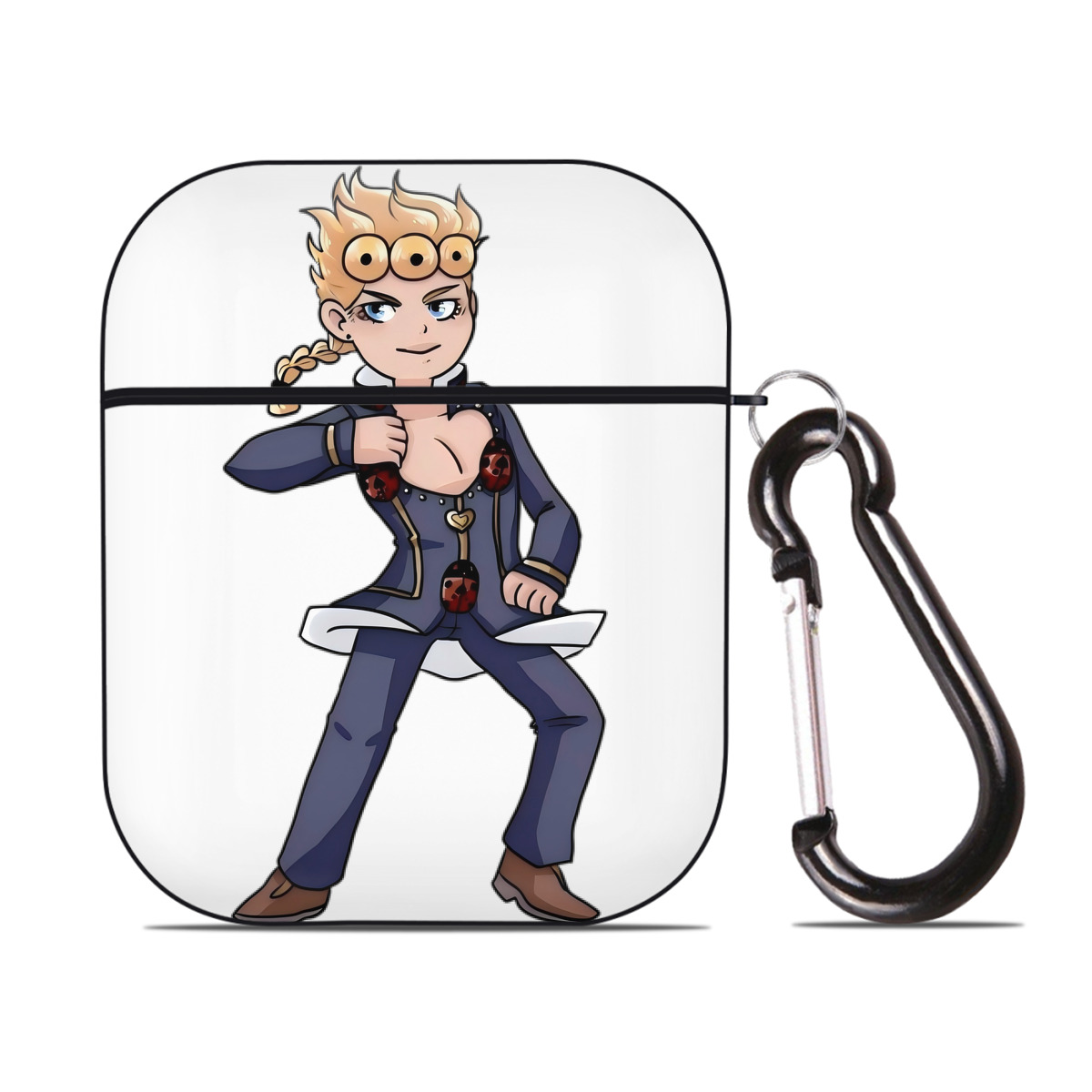 （画像用） ジョジョの奇妙な冒険 ジョルノ?ジョバァーナ JoJo's Bizarre Adventure Giorno Giovanna AirPods 第2世代保護ケース ハードシェル ブラック 耐衝撃・防指紋・カラビナ付き