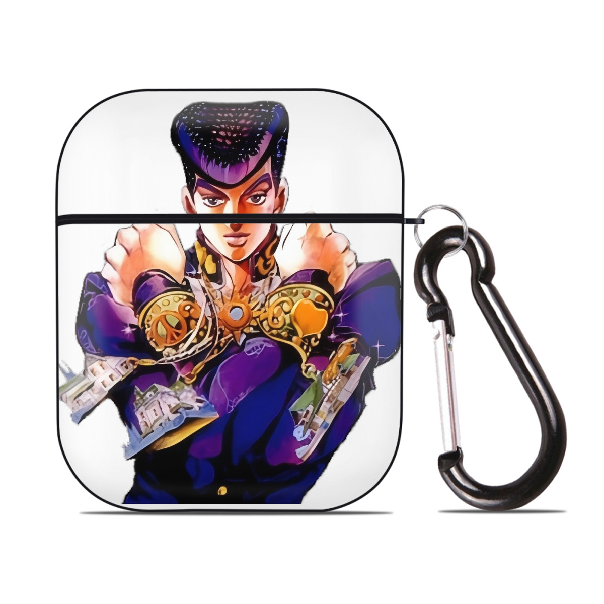 （画像用） ジョジョの奇妙な冒険 ひがしかた じょうすけ JoJo's Bizarre Adventure Higashikata Josuke AirPods 第2世代保護ケース ハードシェル ブラック 耐衝撃・防指紋・カラビナ付き