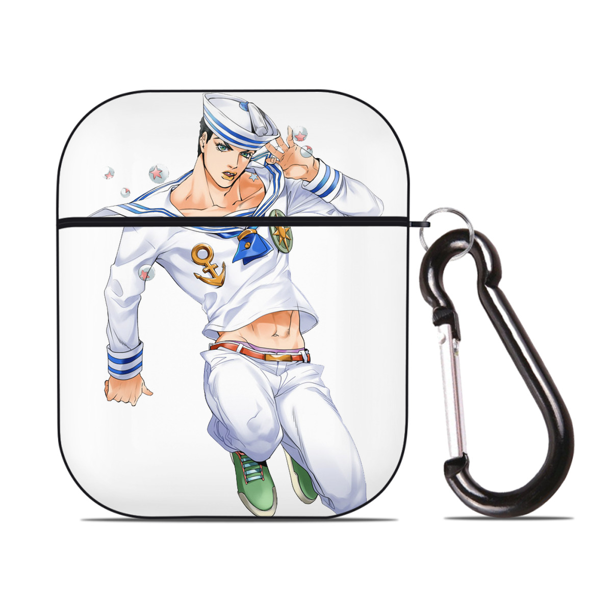 （画像用） ジョジョの奇妙な冒険 東方定助 JoJo's Bizarre Adventure Higashikata Josuke AirPods 第2世代保護ケース ハードシェル ブラック 耐衝撃・防指紋・カラビナ付き
