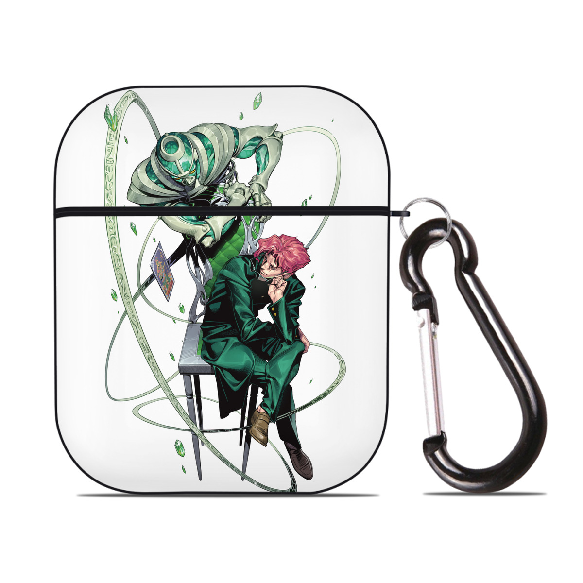 （画像用） ジョジョの奇妙な冒険 花京院 典明（かきょういん のりあき） JoJo's Bizarre Adventure Kakyoin Noriaki AirPods 第2世代保護ケース ハードシェル ブラック 耐衝撃・防指紋・カラビナ付き